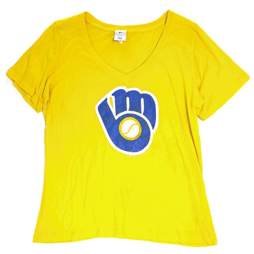 Milwaukee Brewers MLB Yellow V-Neck Graphic T-Shirt Womens 2XL Campus Lifestyle